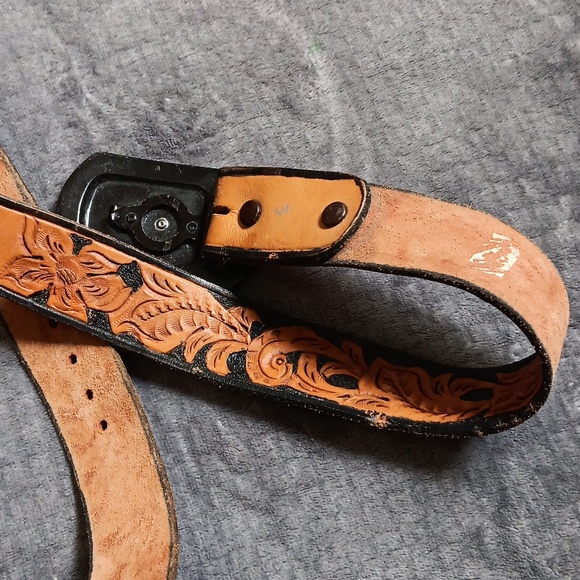 Doug, Leather Tooled Belt With Roper Cowboy Buckle, Mens Small, Western Boho - Picture 7 of 15